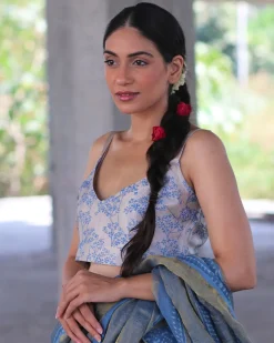 Cream Blue Blockprinted Mashru Silk Blouse- Manjari