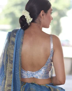 Cream Blue Blockprinted Mashru Silk Blouse- Manjari