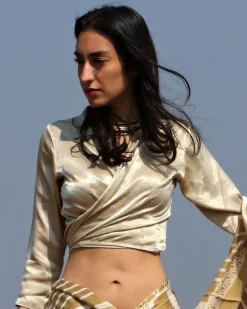 Cream Mashru Silk Wrap Crop Top Blouse