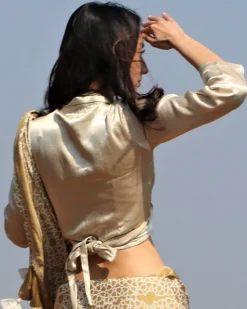 Cream Mashru Silk Wrap Crop Top Blouse