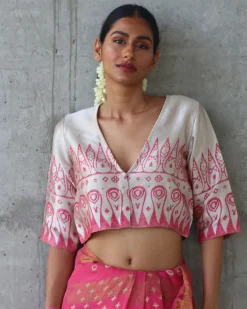 Cream Pink Blockprinted Mashru Silk Blouse-Manjari