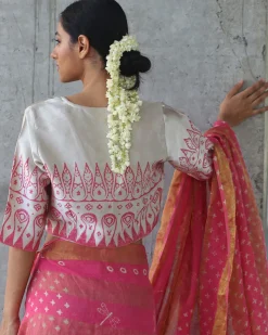 Cream Pink Blockprinted Mashru Silk Blouse-Manjari