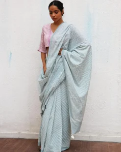 Crystal Cascade Blue Handblock Printed Cotton Saree
