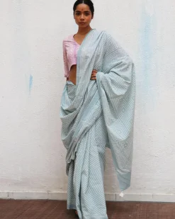 Crystal Cascade Blue Handblock Printed Cotton Saree