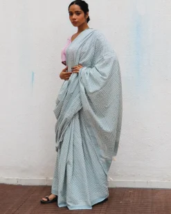 Crystal Cascade Blue Handblock Printed Cotton Saree