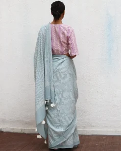 Crystal Cascade Blue Handblock Printed Cotton Saree