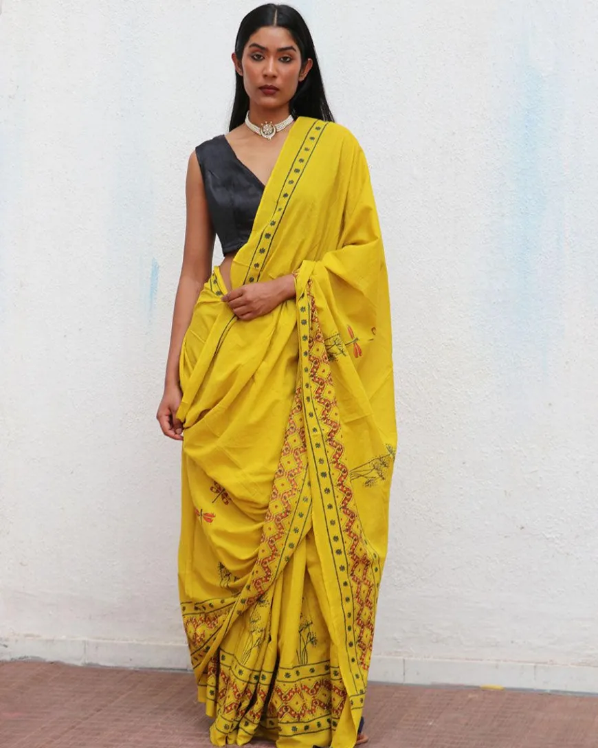 Daffodil Hand Blockprinted Cotton Saree - Fmtm