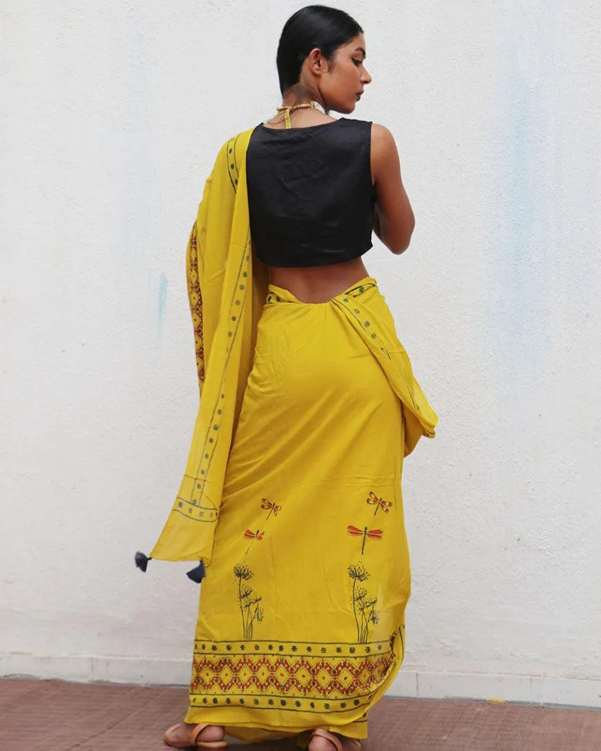 Daffodil Hand Blockprinted Cotton Saree - Fmtm
