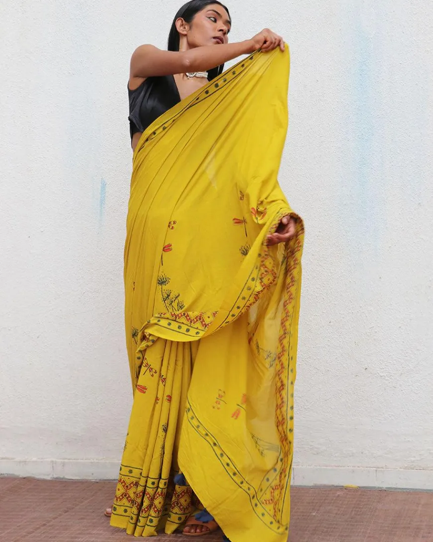Daffodil Hand Blockprinted Cotton Saree - Fmtm