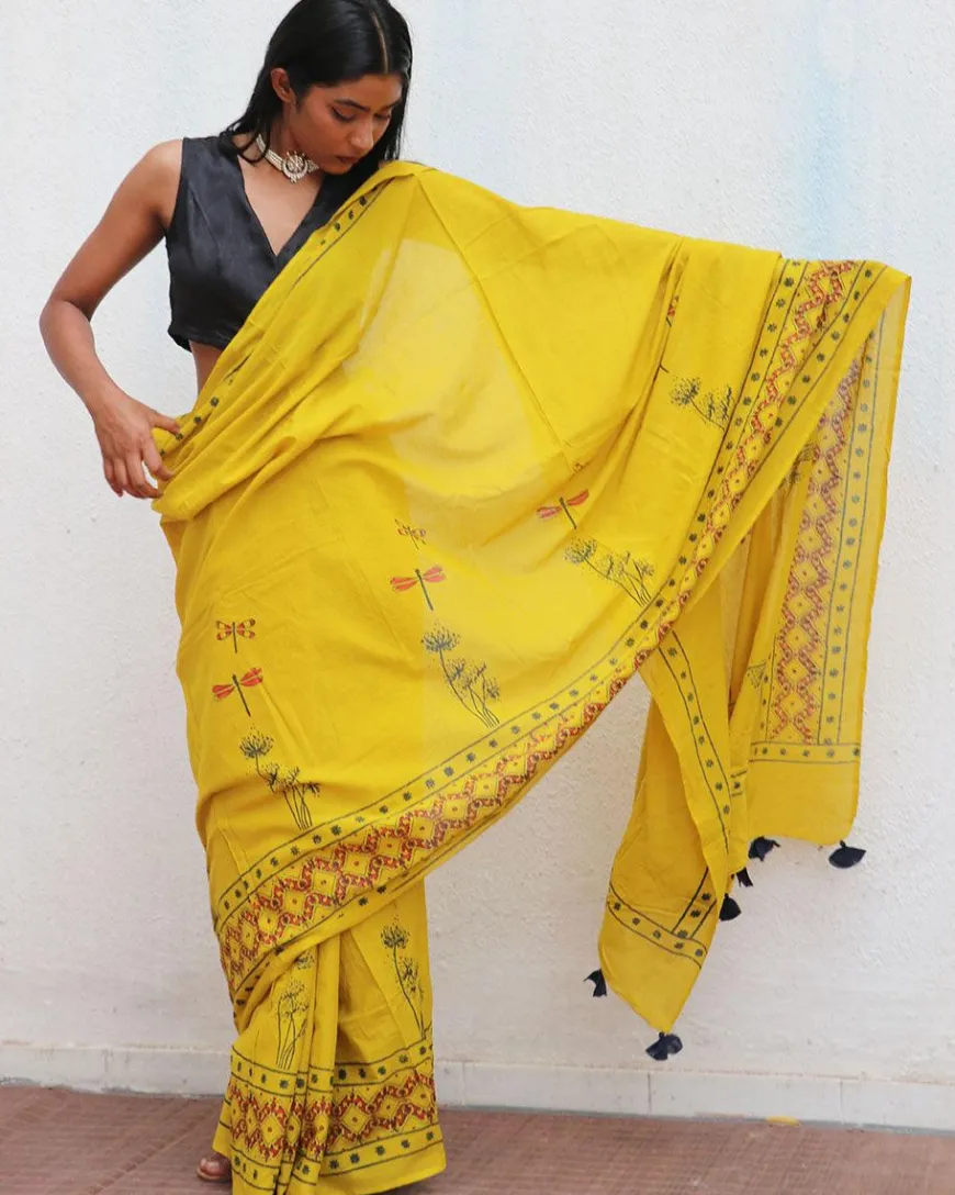 Daffodil Hand Blockprinted Cotton Saree - Fmtm