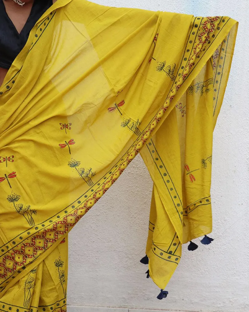Daffodil Hand Blockprinted Cotton Saree - Fmtm