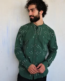 Deep Sea Green Dots Blockprinted Men'S Shirt