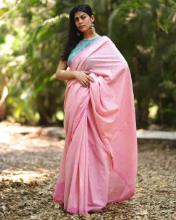 Delicate Daisies Blush Pink Hand Block Printed Saree - MMG