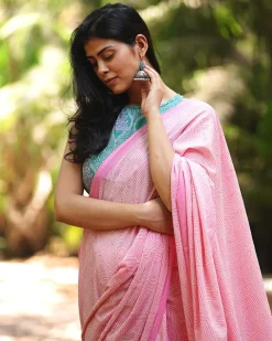 Delicate Daisies Blush Pink Hand Block Printed Saree - MMG