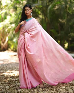 Delicate Daisies Blush Pink Hand Block Printed Saree - MMG
