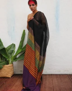 Devakanya Handwoven Linen Saree - Kaali