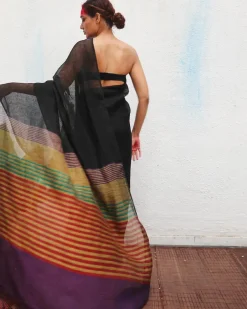 Devakanya Handwoven Linen Saree - Kaali