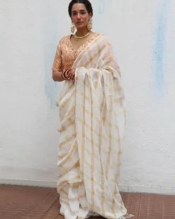 Devaki Handwoven Linen Zari Saree - Onam