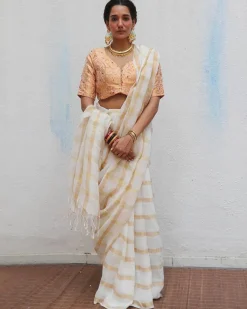 Devaki Handwoven Linen Zari Saree - Onam