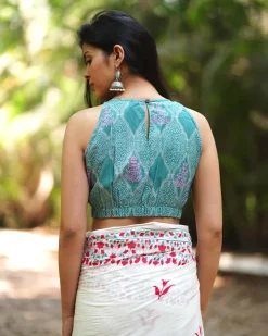 Dewy Daffodils Teal Green Block Printed Blouse - MMG