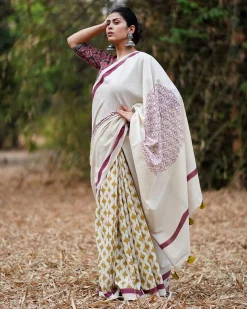 Dil-Navaaz Ivory Block Printed Cotton Saree - WW