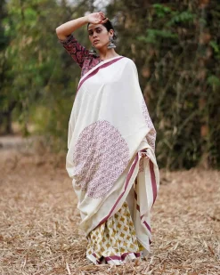 Dil-Navaaz Ivory Block Printed Cotton Saree - WW