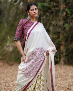 Dil-Navaaz Ivory Block Printed Cotton Saree - WW