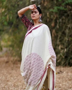 Dil-Navaaz Ivory Block Printed Cotton Saree - WW