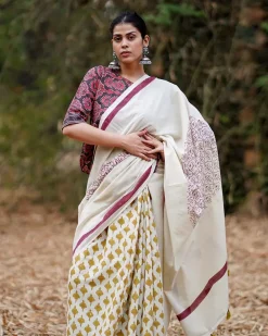 Dil-Navaaz Ivory Block Printed Cotton Saree - WW
