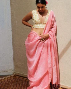 Dilruba Baby Pink Handwoven Linen Zari Saree - TOG