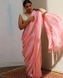 Dilruba Baby Pink Handwoven Linen Zari Saree - TOG