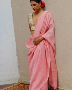 Dilruba Baby Pink Handwoven Linen Zari Saree - TOG