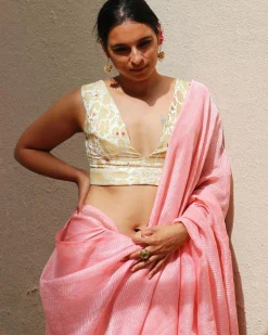 Dilruba Baby Pink Handwoven Linen Zari Saree - TOG