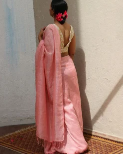 Dilruba Baby Pink Handwoven Linen Zari Saree - TOG