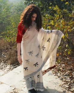 Dragonfly Dawn Handblockprinted Cotton Saree