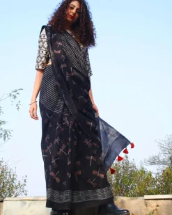 Dragonfly Dusk Handblockprinted Cotton Saree
