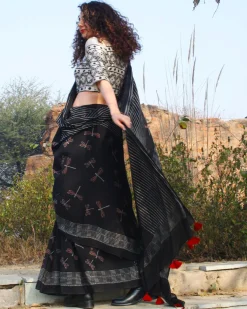 Dragonfly Dusk Handblockprinted Cotton Saree