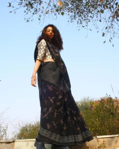 Dragonfly Dusk Handblockprinted Cotton Saree