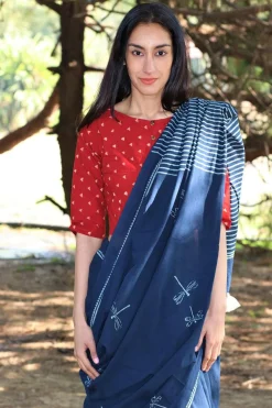 Dragonfly Flight Hand Blockprinted Cotton Saree