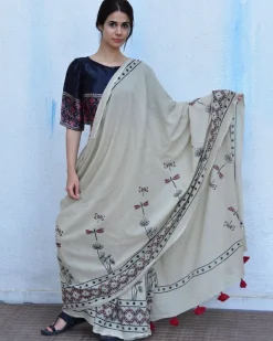 Dragonfly Garden Handblockprinted Cotton Saree