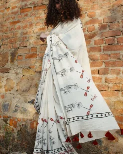 Dragonfly Garden Handblockprinted Cotton Saree