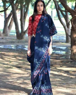 Dragonfly Glory Handblockprinted Mulmul Cotton Saree