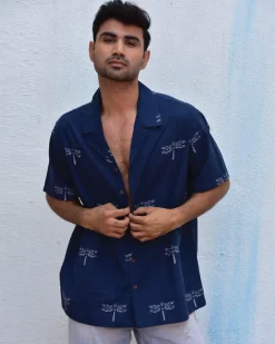 Dragonfly In Blue Handblockprinted Pure Cotton Shirt