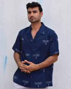 Dragonfly In Blue Handblockprinted Pure Cotton Shirt
