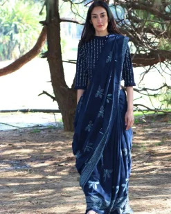 Dragonfly Meadow Hand Blockprinted Cotton Saree
