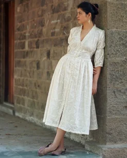 Dried Magnolia Ivory Block Printed Dress - SFD