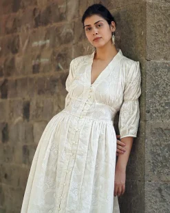 Dried Magnolia Ivory Block Printed Dress - SFD