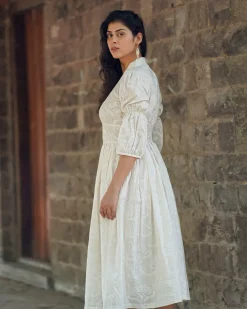 Dried Magnolia Ivory Block Printed Dress - SFD
