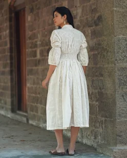 Dried Magnolia Ivory Block Printed Dress - SFD