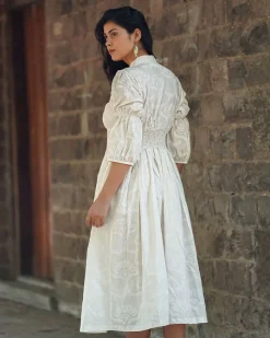 Dried Magnolia Ivory Block Printed Dress - SFD